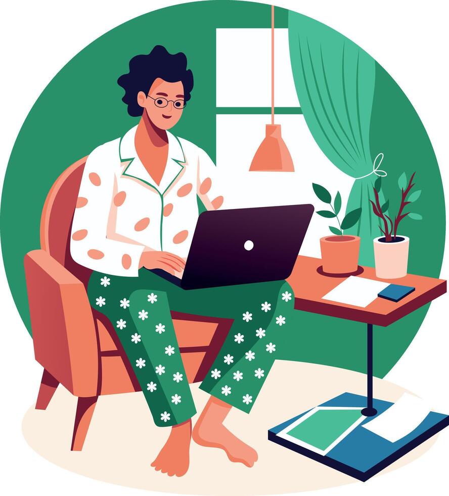 A flat illustration of a person doing weekend work from home vector