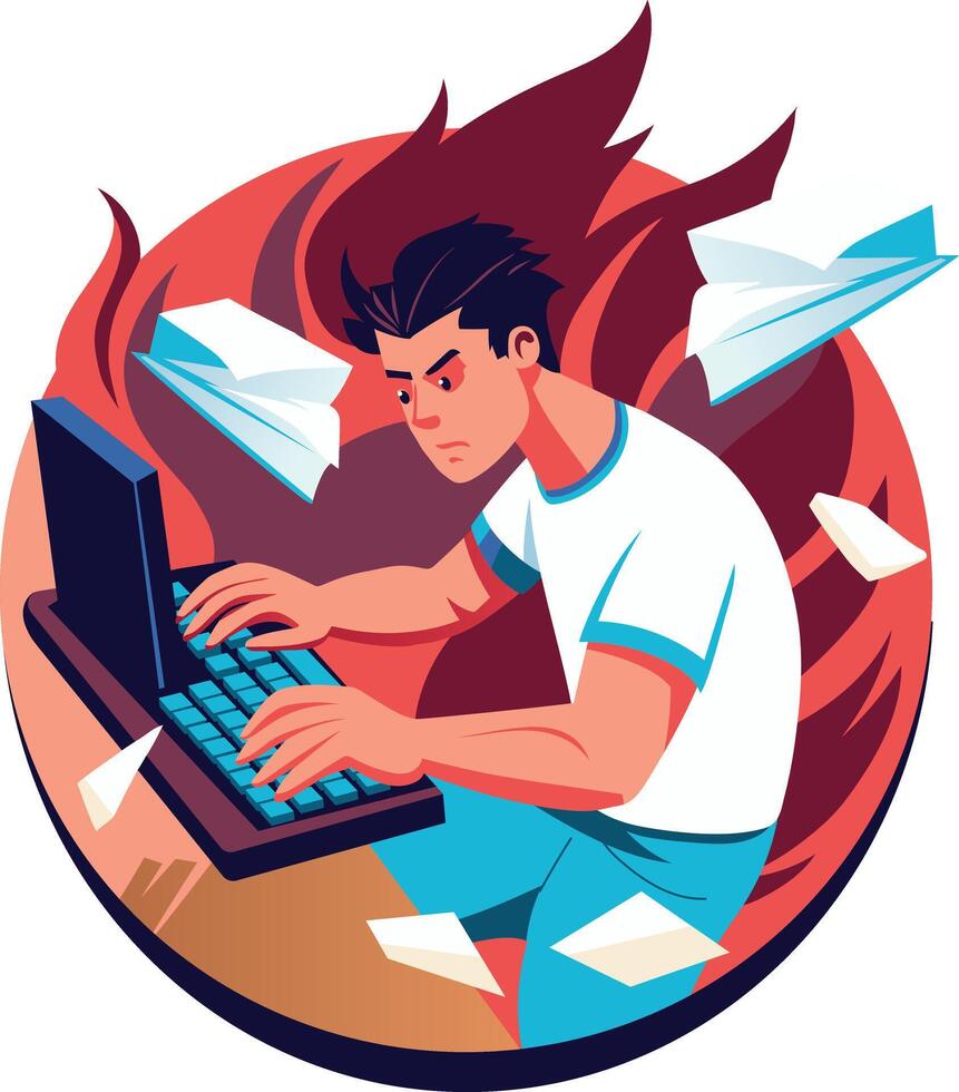 Fast typing illustration of a man in flat style vector