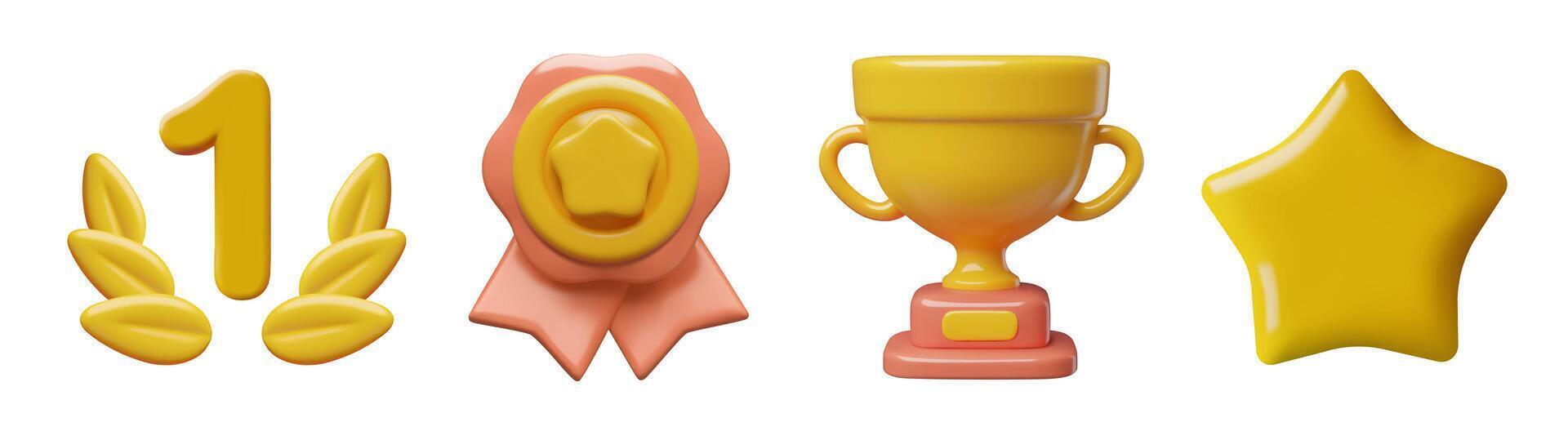 Awards 3d icons collection including winner medal gold trophy number one in laurel wreath and star vector