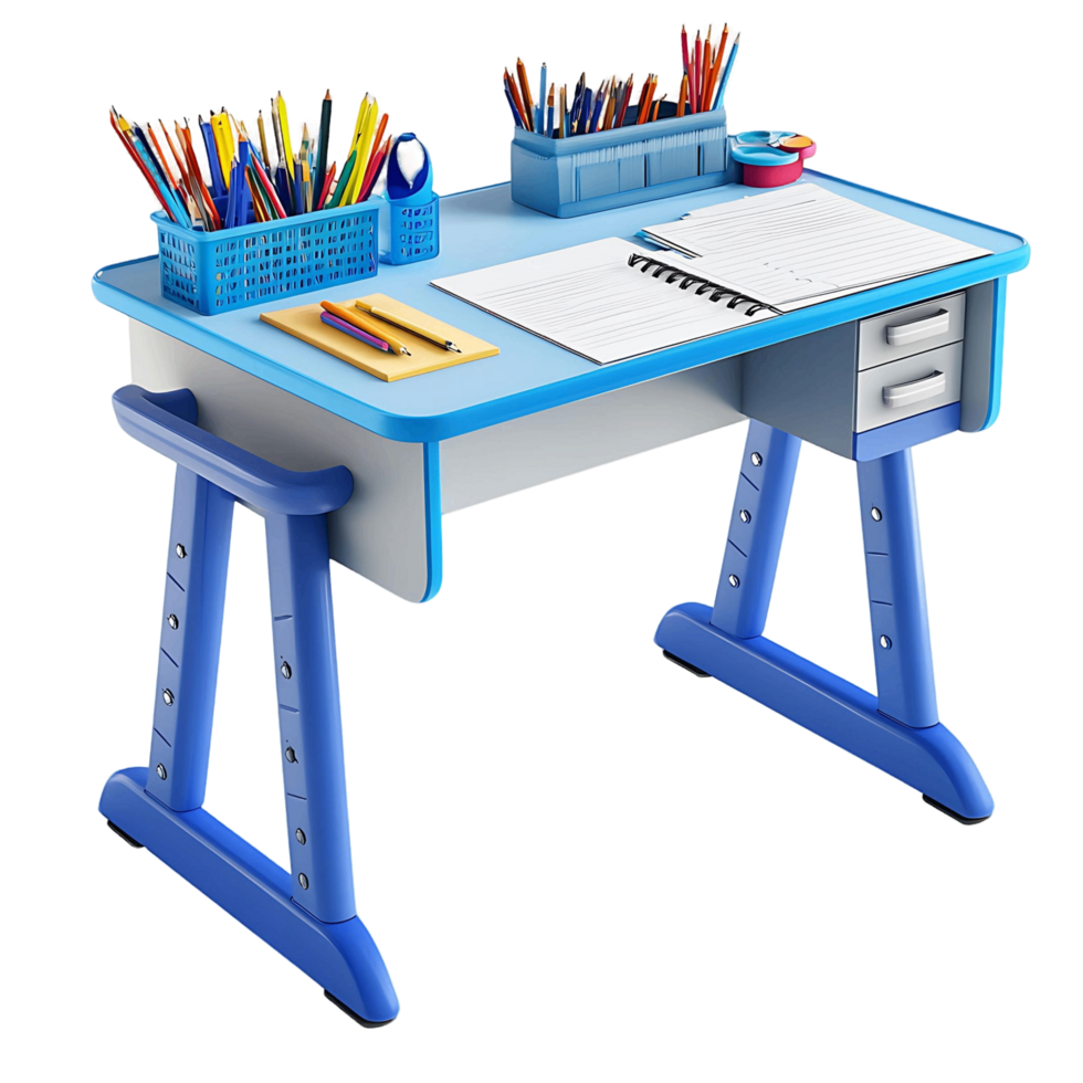 Blue Children Desk with Drawers Pencils and Notebook png