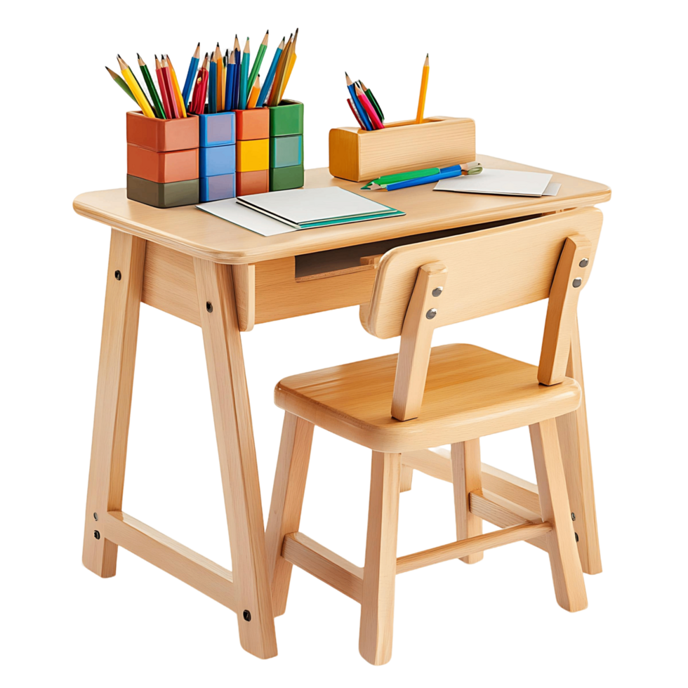 Adorable Wooden Children Desk and Chair Set with Colorful Pencils and Paper png