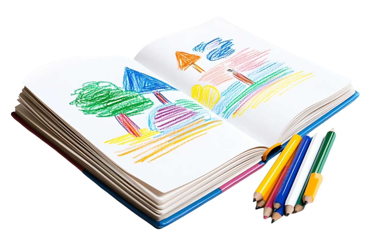 Colorful Childrens Crayon Drawing in Open Notebook png