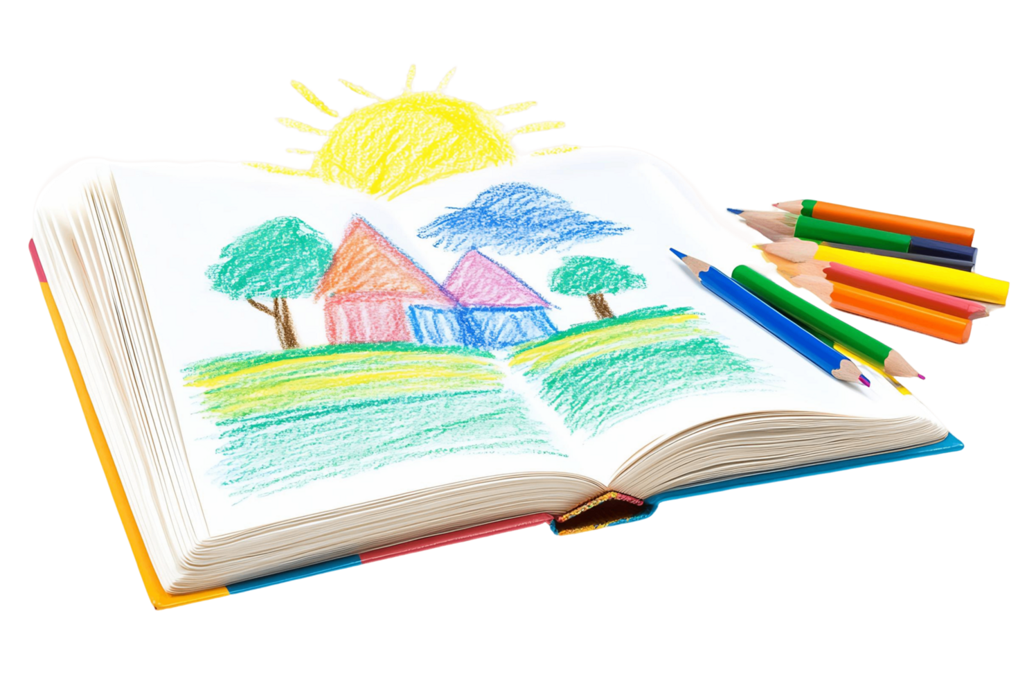 Colorful Crayon Drawing in an Open Book png