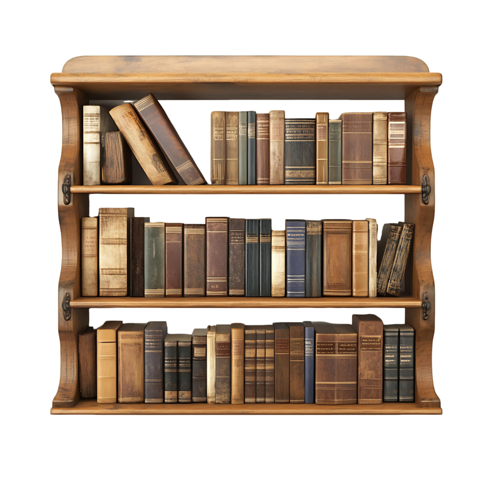 Antique Wooden Bookshelf Filled with Vintage Books png