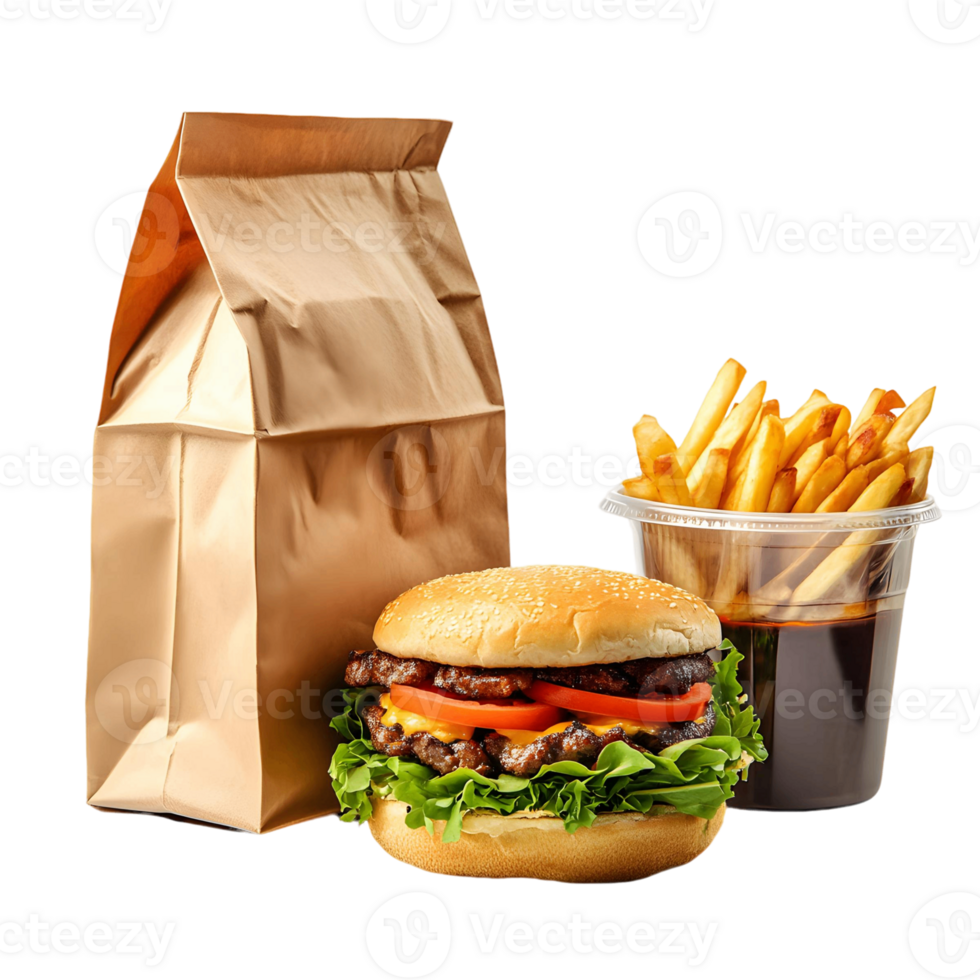 A hamburger, fries, and a cup of soda are displayed in a brown paper bag png