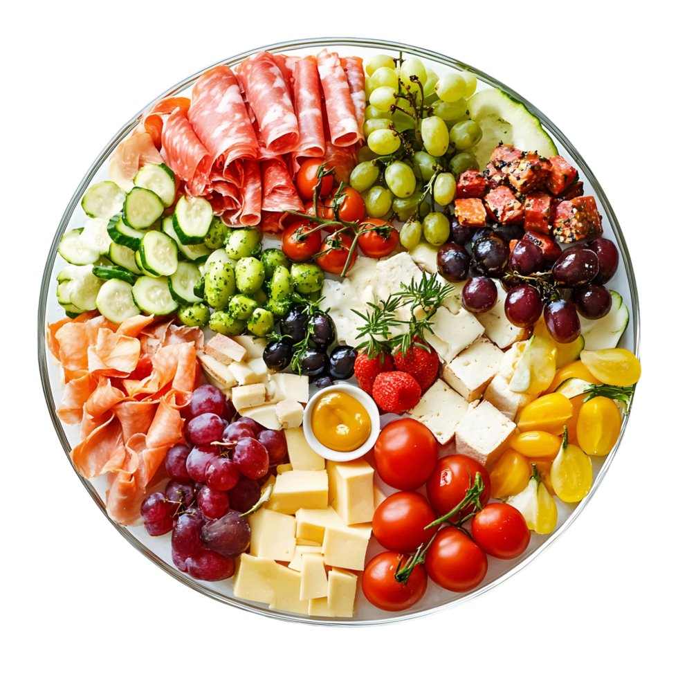 A large plate of assorted fruits and vegetables, including grapes, tomatoes png