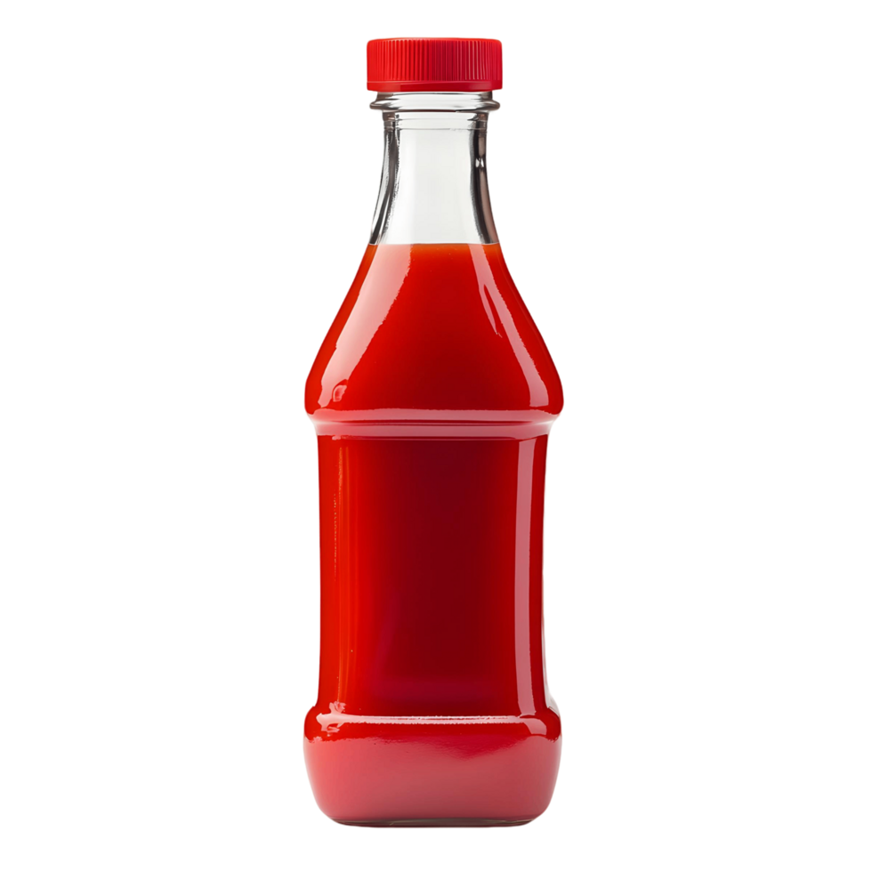 A bottle of red ketchup is sitting on a white background png