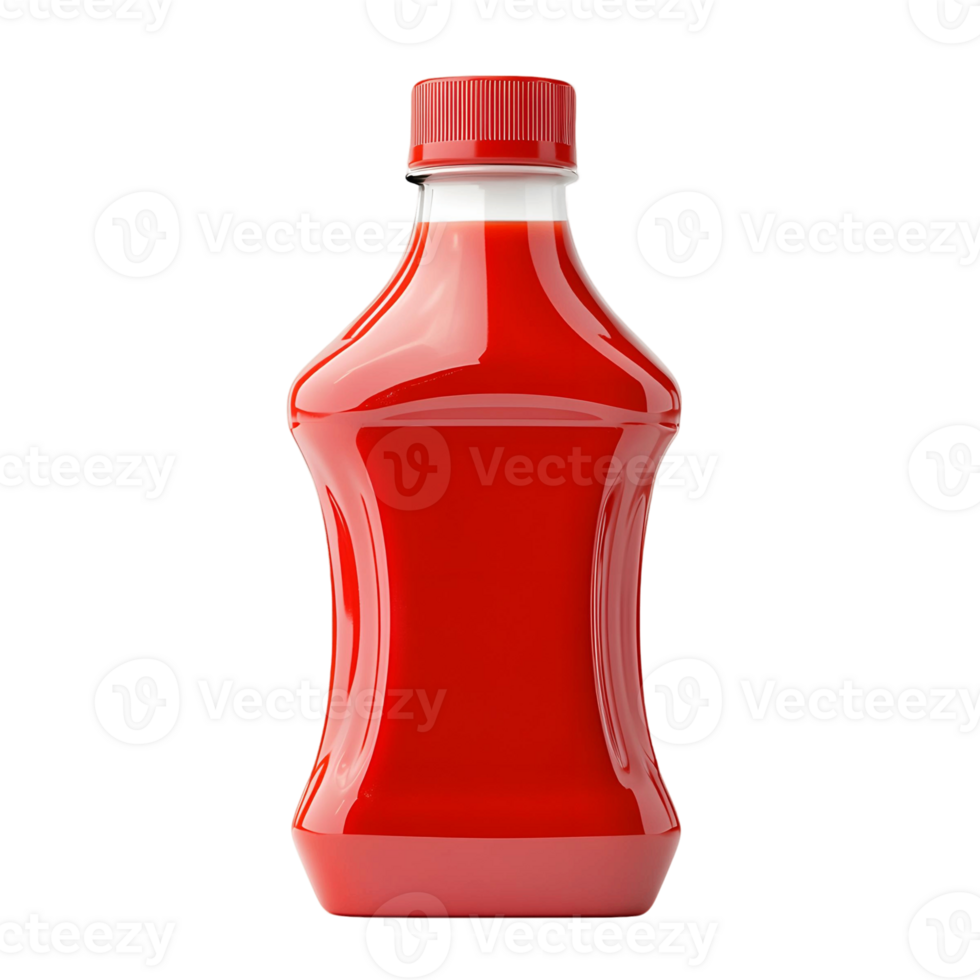 A red bottle of ketchup is sitting on a white background png