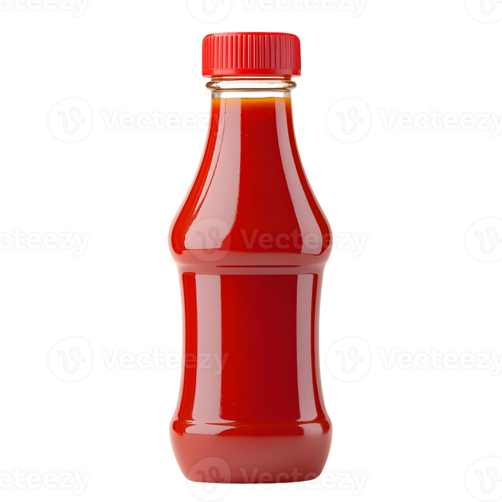A red bottle of ketchup is sitting on a white background png