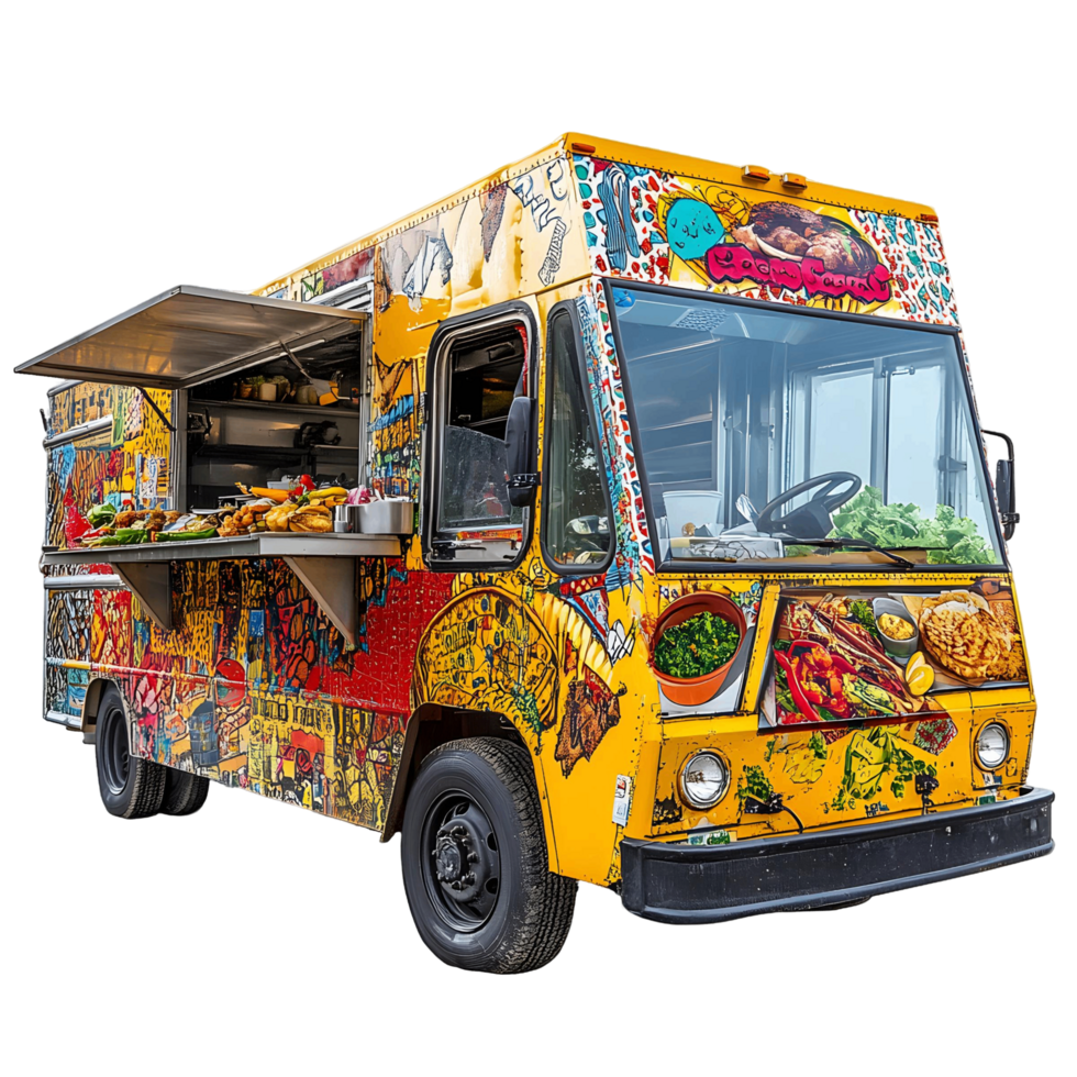 A food truck with a colorful design and a variety of food options png