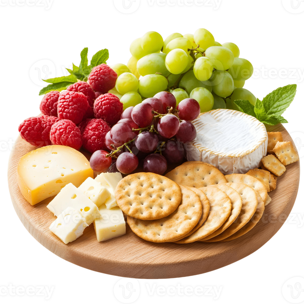 A wooden platter with a variety of cheese, crackers, and fruit png