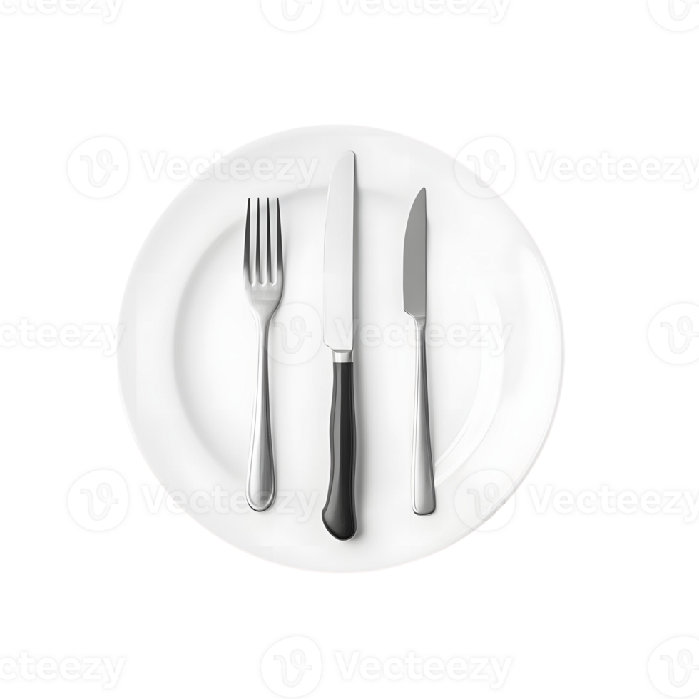 A white plate with a fork, knife, and spoon on it png