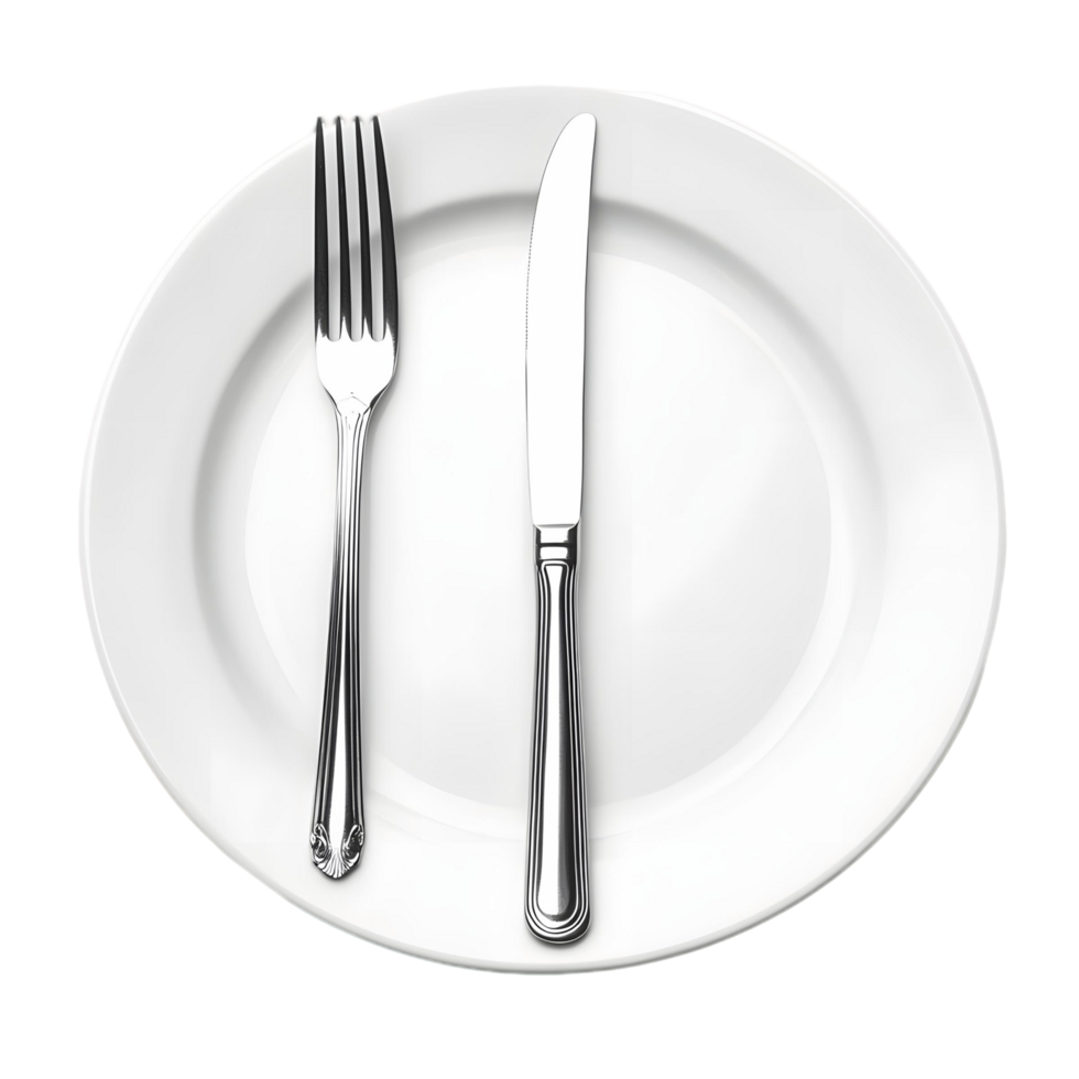 A fork and knife are on a white plate png