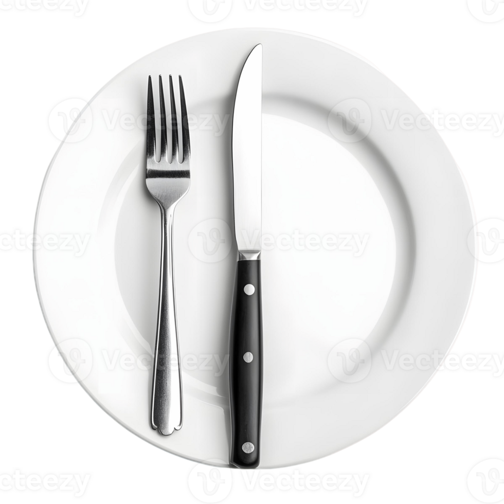 A fork and knife are on a white plate png