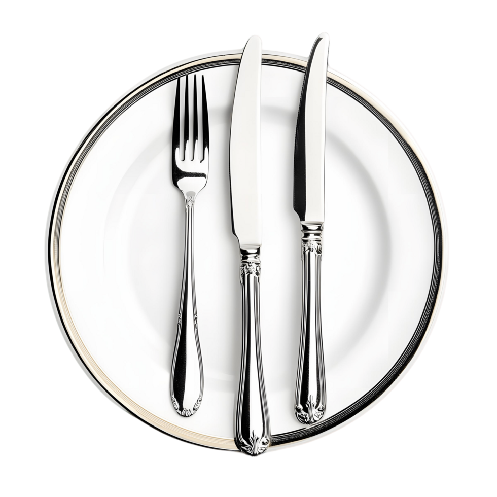 A plate with a fork, knife, and spoon on it png