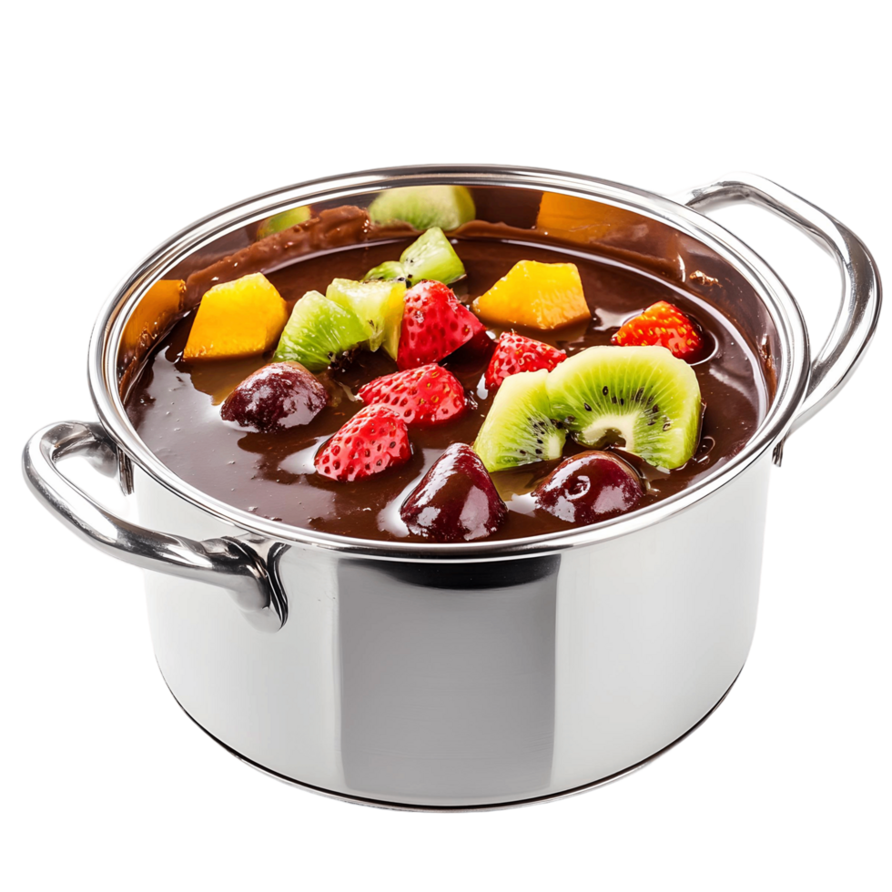 A large silver pot filled with a colorful fruit salad png