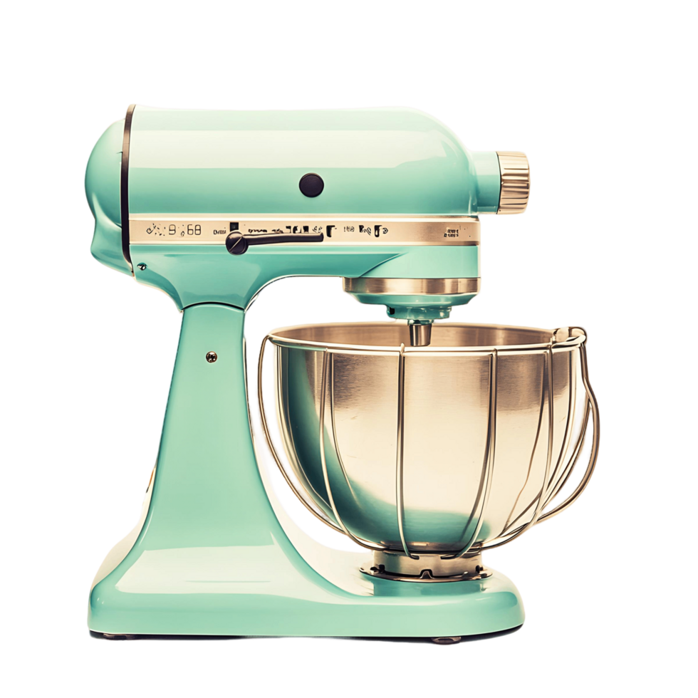A silver and gold mixer with a green base png
