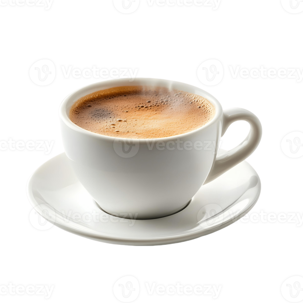 A white coffee cup with steam rising from it sits on a white saucer png