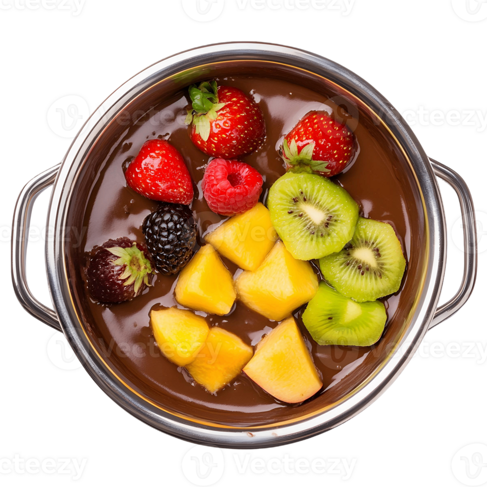 A bowl of fruit with chocolate sauce and strawberries png