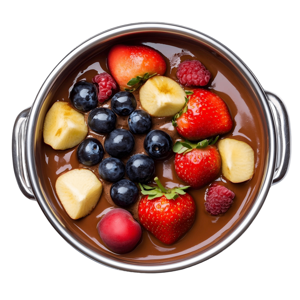 A bowl of fruit with chocolate sauce png