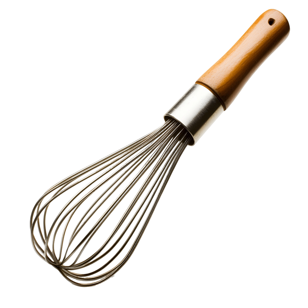 A whisk with a wooden handle is shown in a white background png