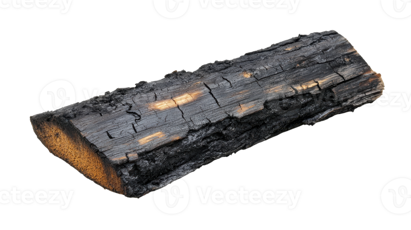 A close-up view of a piece of charred firewood covered in fine ash, ideal for nature-themed projects or backgrounds showcasing the beauty of burned wood.. png