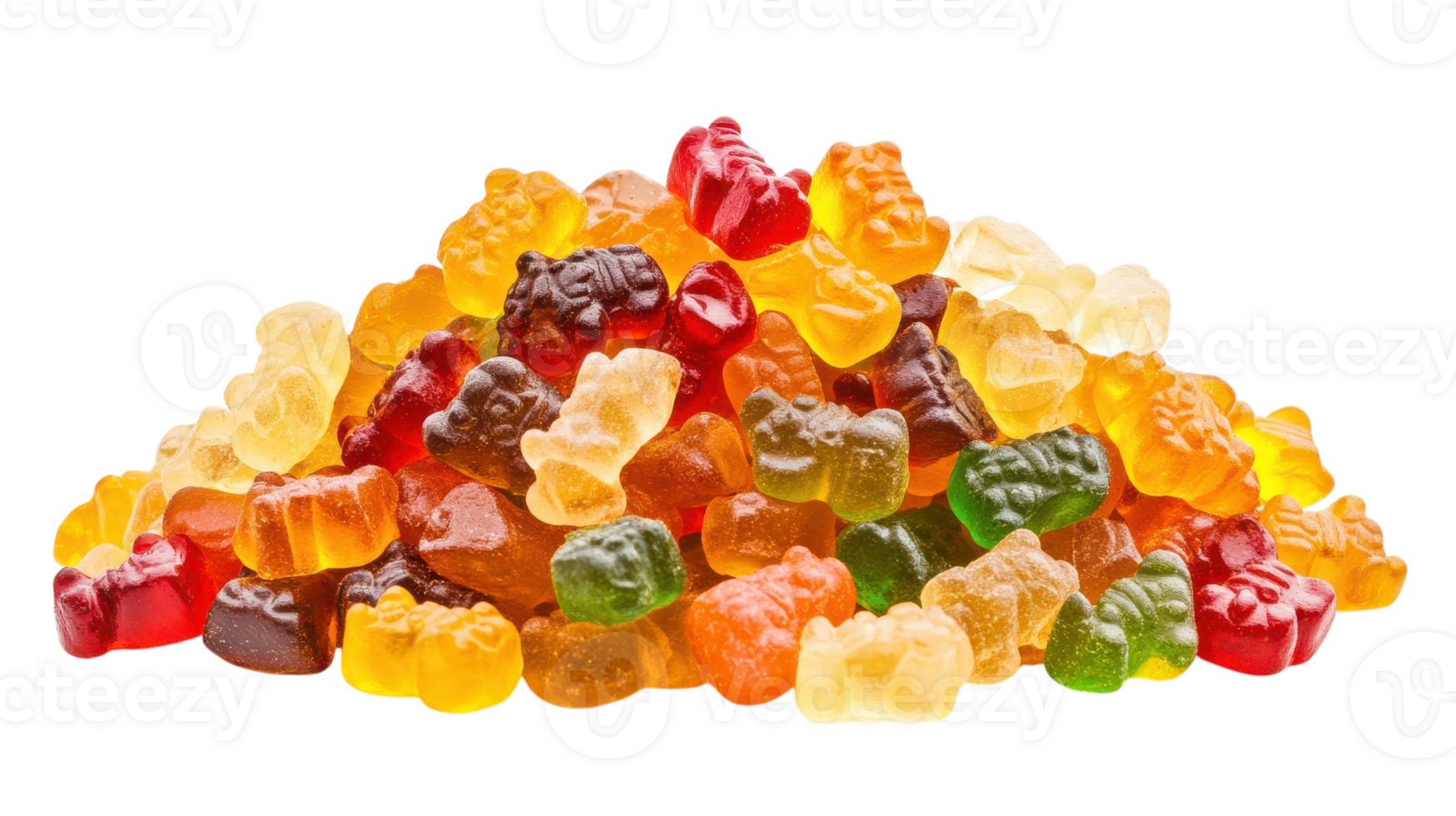 A delightful assortment of colorful gummy bears arranged on a white background perfect for candy shop advertisements, party invitations, or food-related designs showcasing sweetness.. png