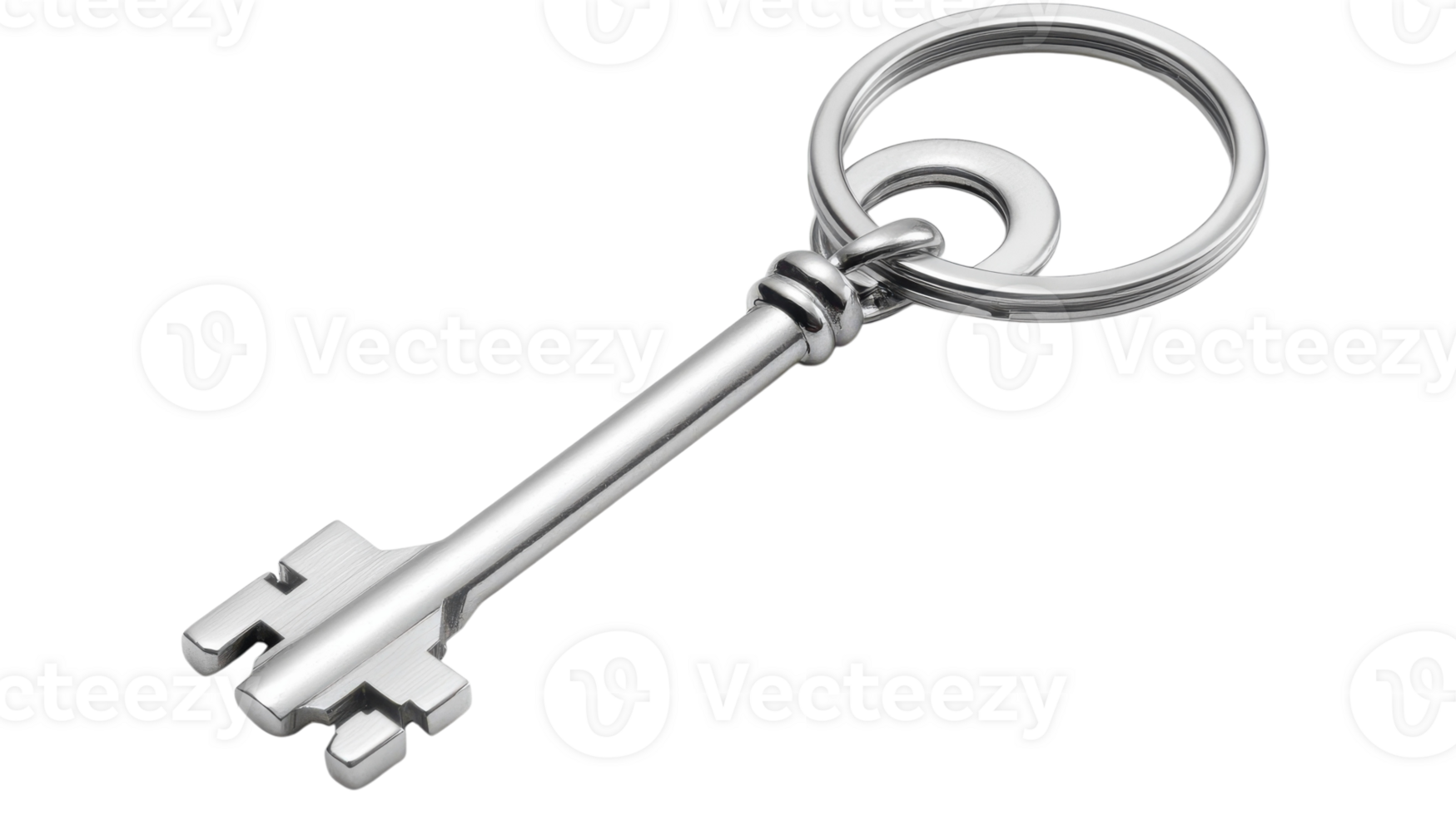Polished Metal Keyring Featuring a Key on a White Background Perfect for Modern Accessory Photography and Promotional Material. png