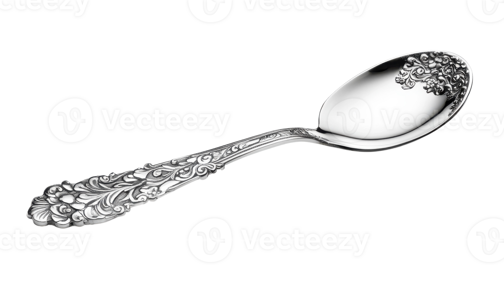 A Polished Silver Spoon with Intricate Detail for Elegant Dining, Table Setting and Presentation in Gastronomy and Culinary Arts. png