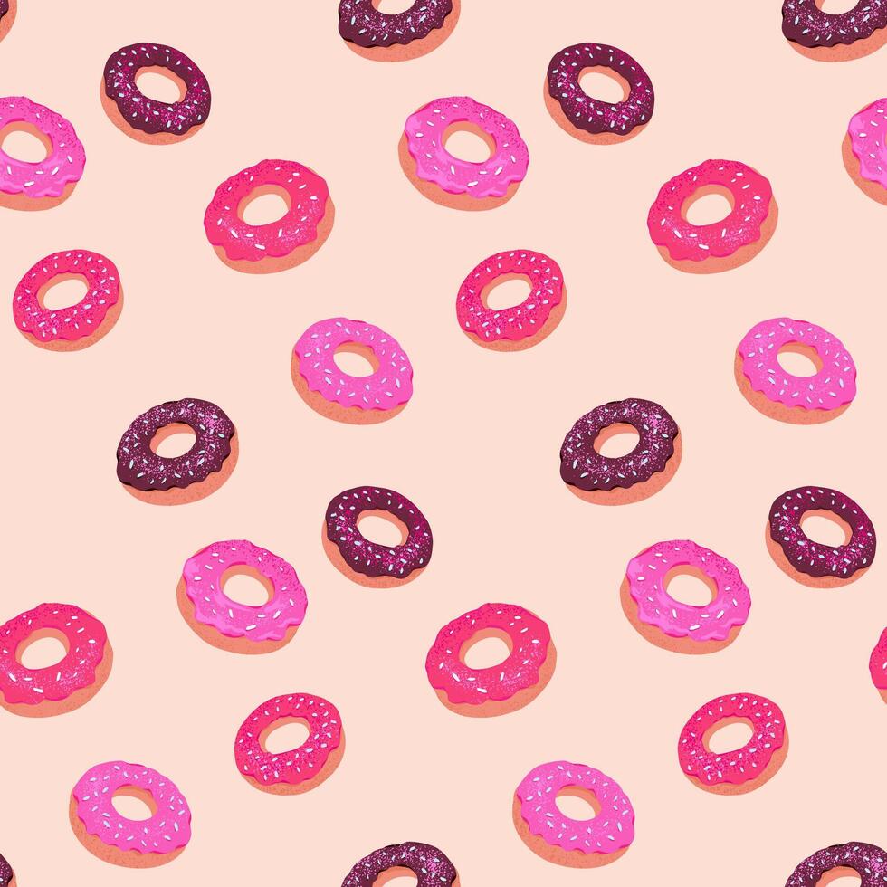 Fun and playful seamless pattern featuring colorful donuts with pink and chocolate frosting on a light background. Print for fabric, stationery, wrapping paper, and food-related designs vector