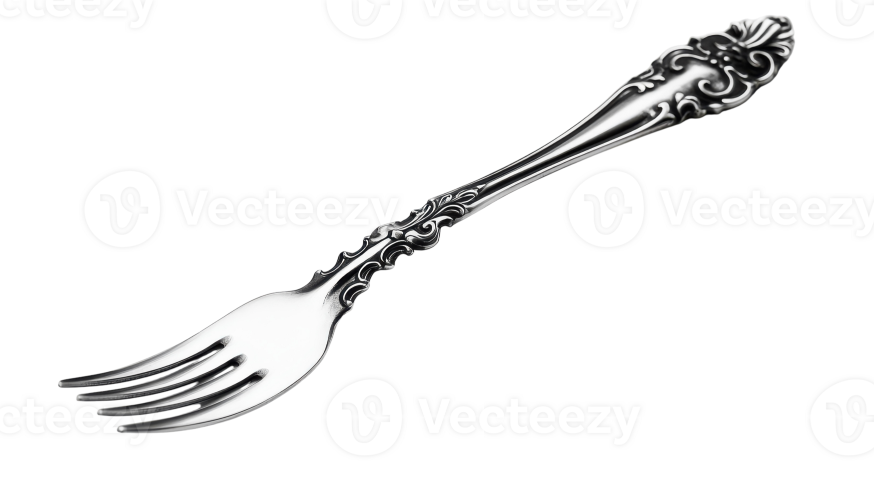 Elegant Silver Fork with Ornate Handle Perfect for Upscale Dining and Special Occasions. png