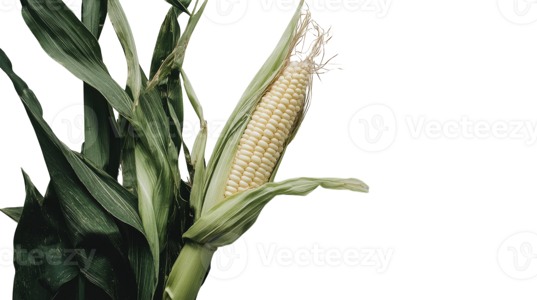 Close-Up View of a Single Ear of Corn Showcasing Vibrant Green Husks, Ideal for Agricultural and Culinary Purposes. png