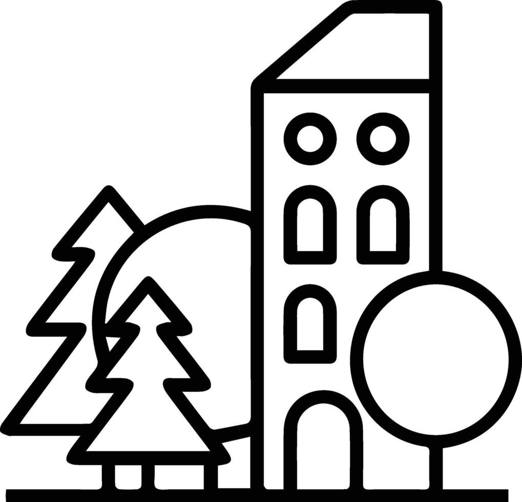 A black and white illustration of a building and trees vector