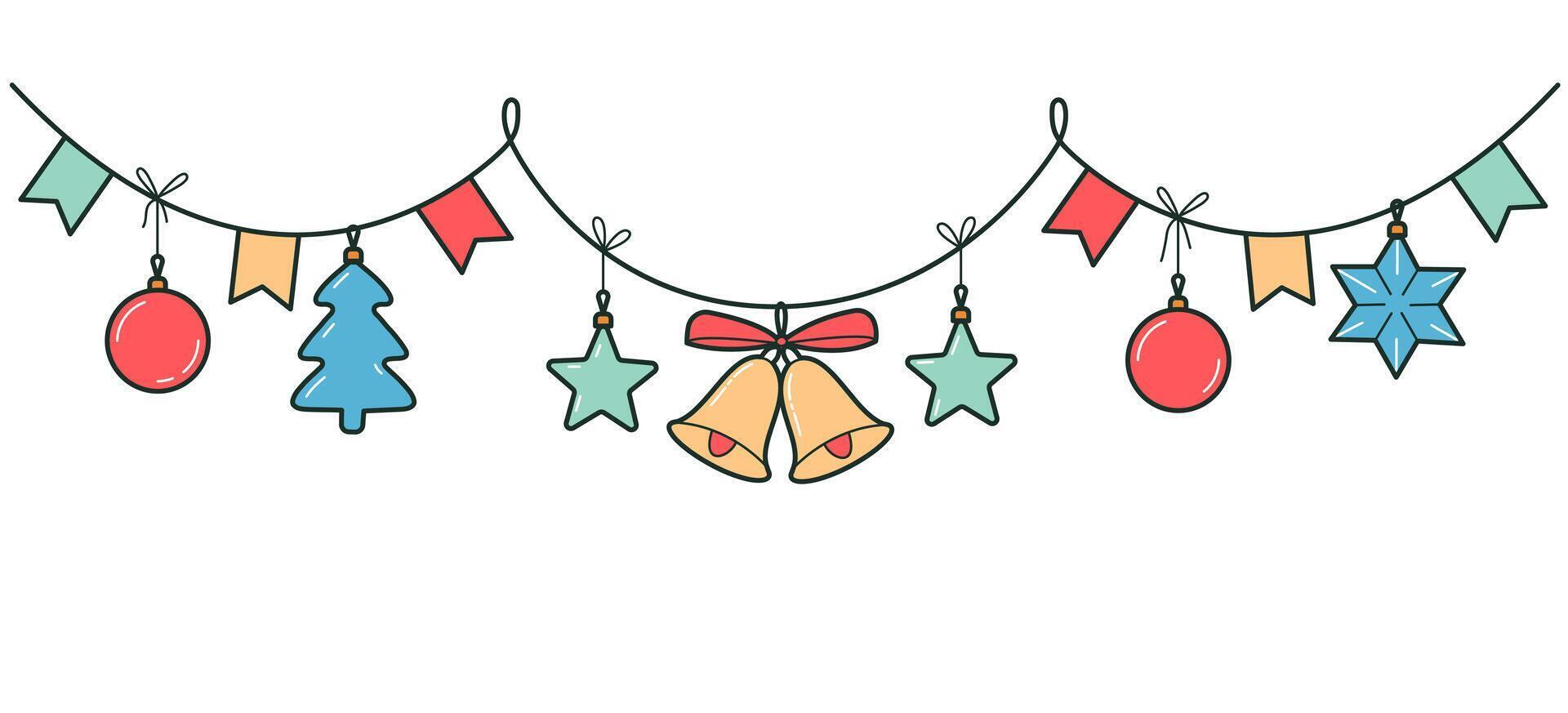 Christmas border. Christmas and winter holiday decoration garland. Flags, bells and Christmas tree toys vector