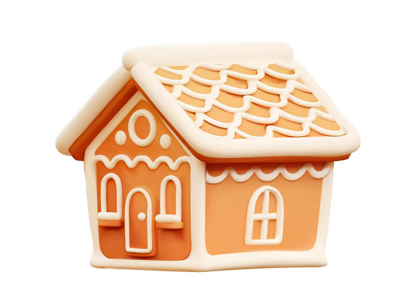 3D illustration of a gingerbread house with white icing and decorative details. vector