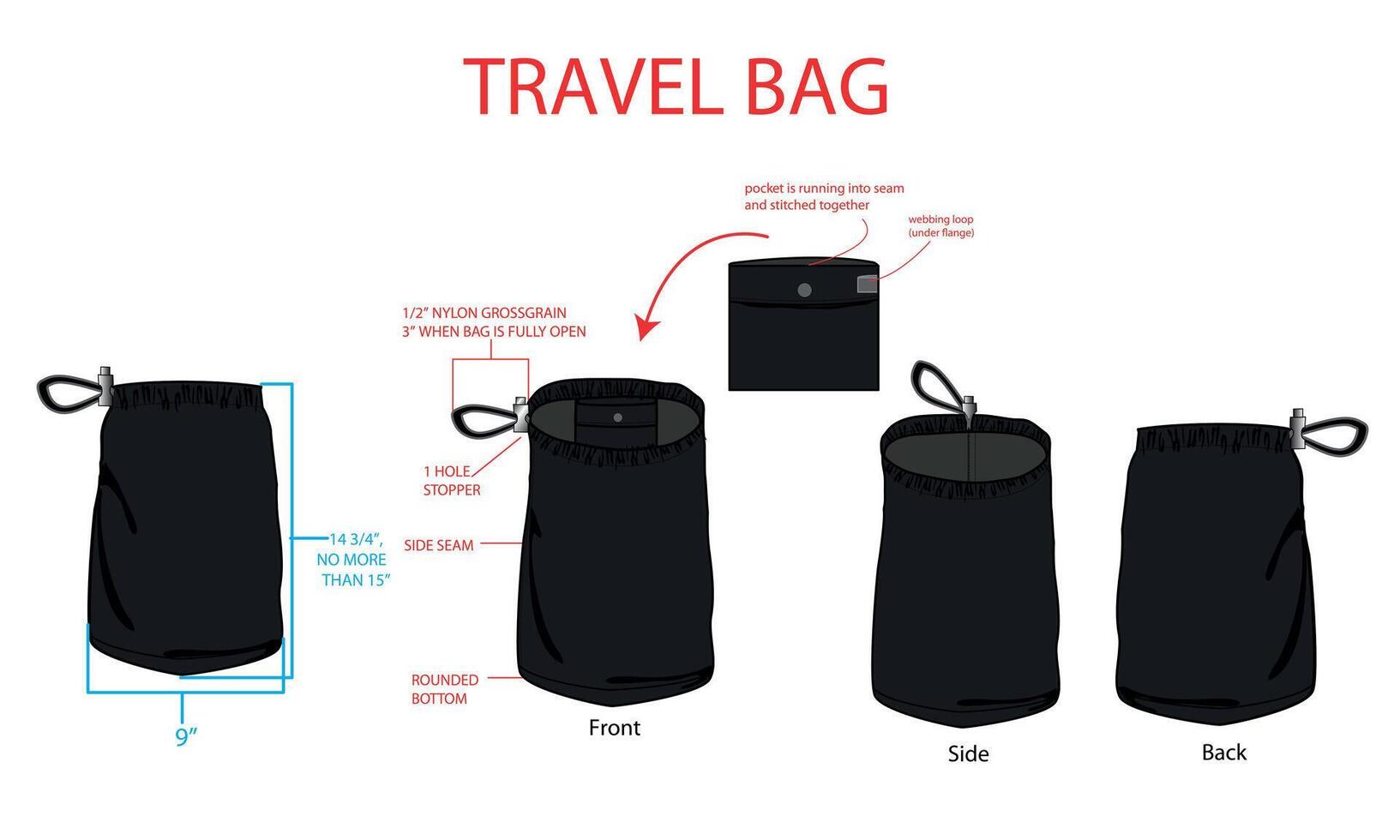 Travel bag with a zipper and a zipper pocket vector