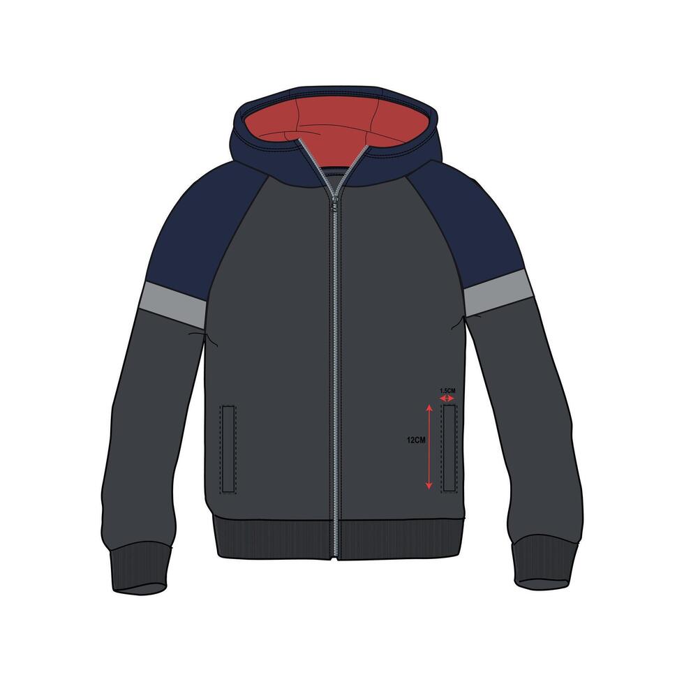 A drawing of a hooded jacket with a red and blue stripe vector