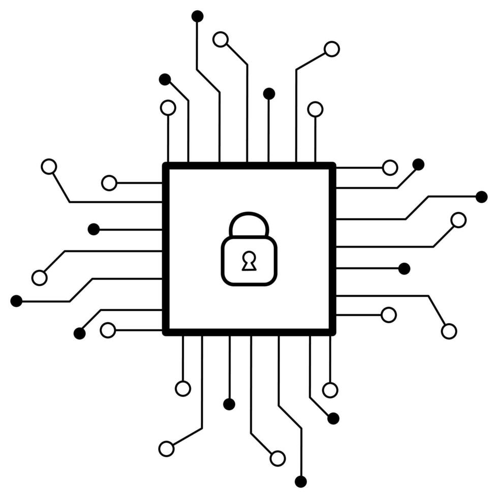 network secure data icon design on white background. printed circuit board or motherboard. lines and dots connect. high-tech technology data. Electrical board, digital tech, cpu, cybersecurity vector