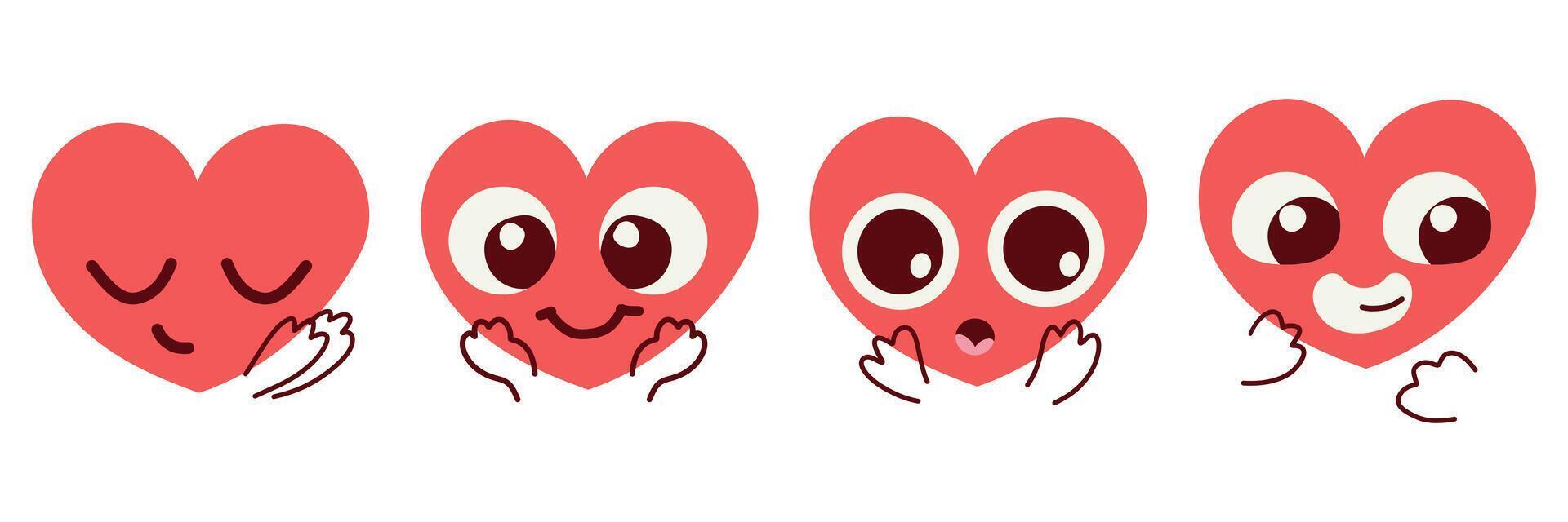 Four set of red happy heart character different emoji on white background. Romantic flat style Valentine's Day illustrations to express feelings of love . vector