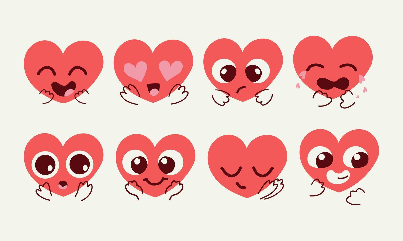set ofhappy heart character different emoji on white background. Romantic flat style Valentine's Day illustrations to express feelings of love . vector
