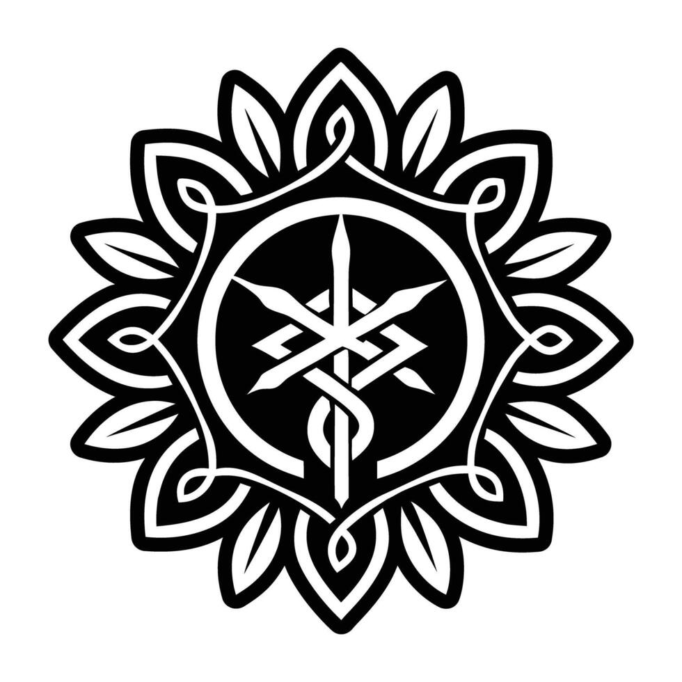 A black and white logo with a star and a flower vector