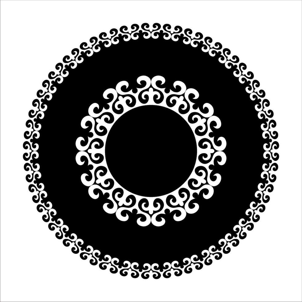 Round black and white Kazakh ornament with a pattern in the center frame. Ornamental element of Turkic, Kazakh, Kyrgyz, Uzbek, national Asian decor for ceramic, textile, print design, embroidery vector