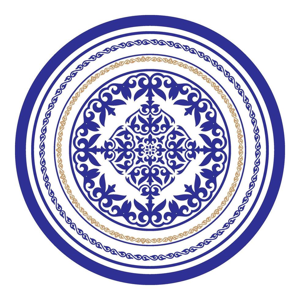 Round Blue Gold frame with large pattern in center. Ornamental elements, motifs of Kazakh, Kyrgyz, Uzbek. Round frame. Turkic ornaments. For ceramic, textile, print design, embroidery, sandblaster. vector