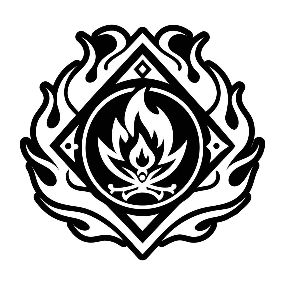 A black and white logo with flames and a cross vector