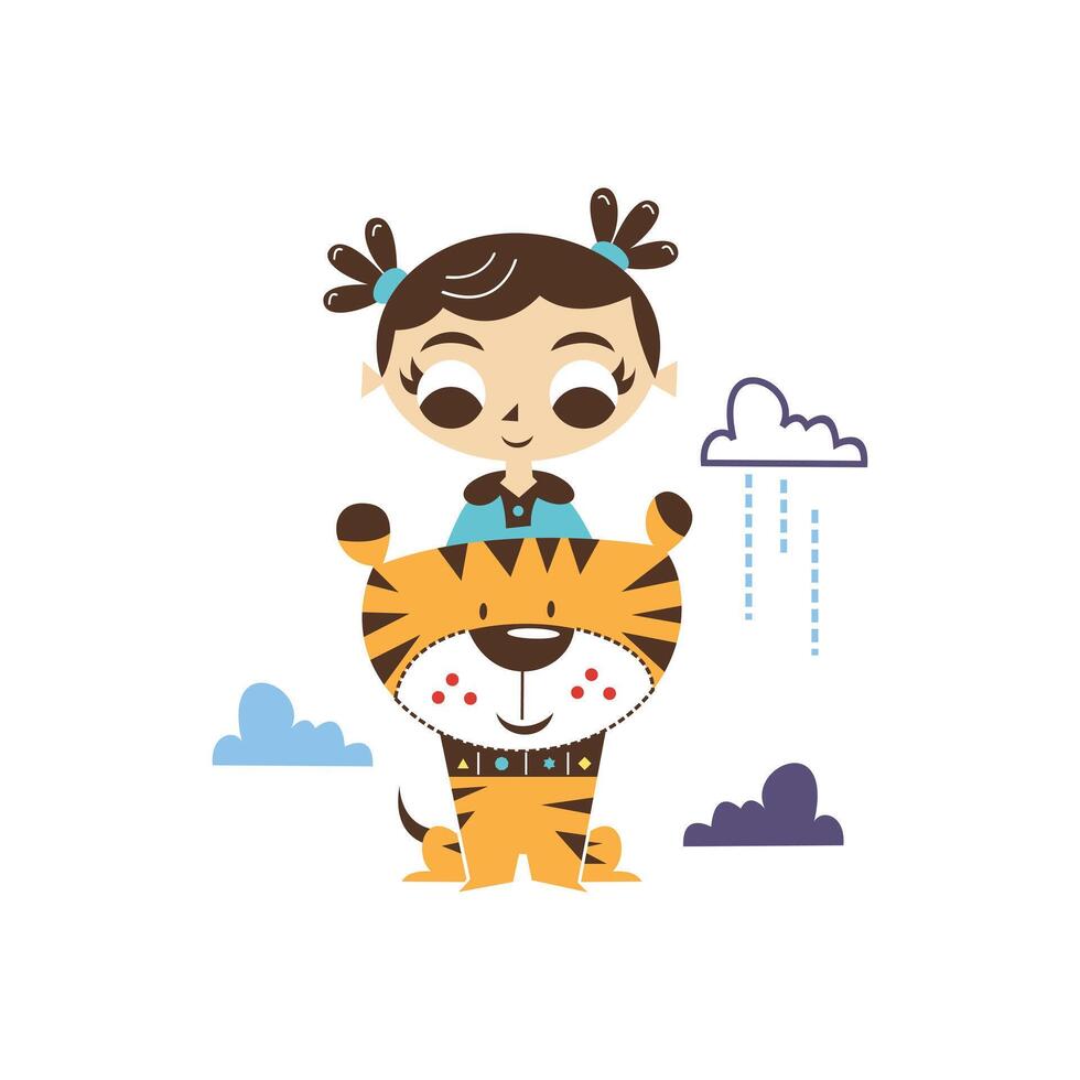 Girl and Tiger Sharing Smiles vector