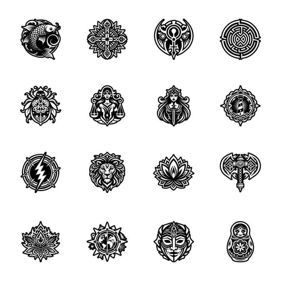 Set of Glyph Style Russian Belief Tattoos vector