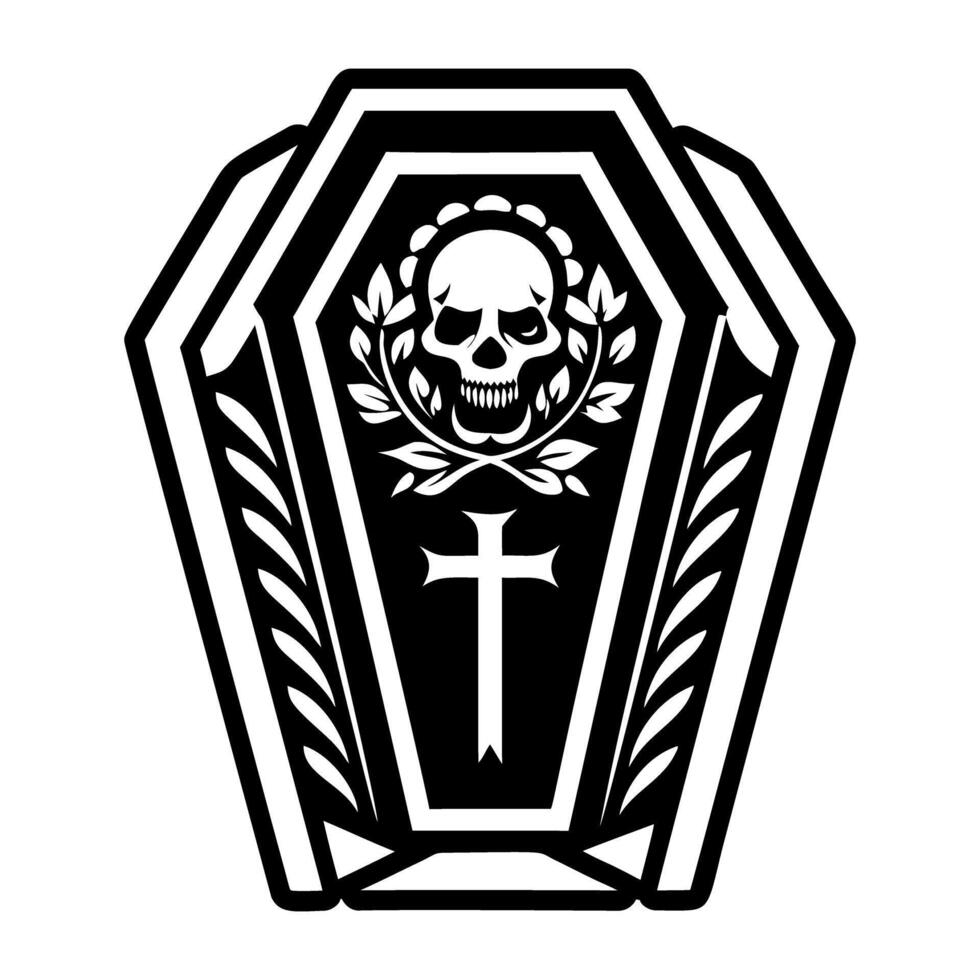A black and white skull in a coffin with a cross vector