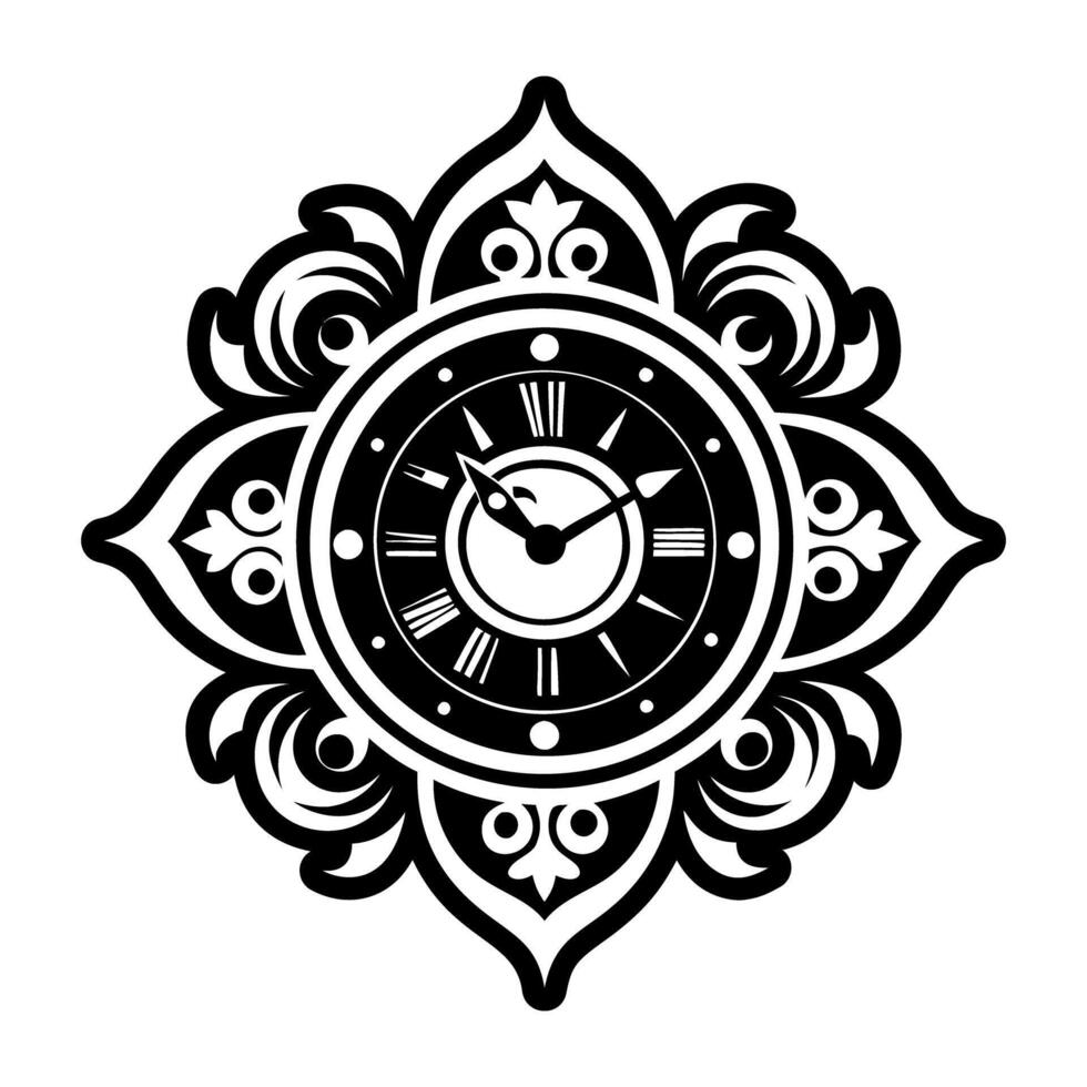 A black and white clock with ornate design vector