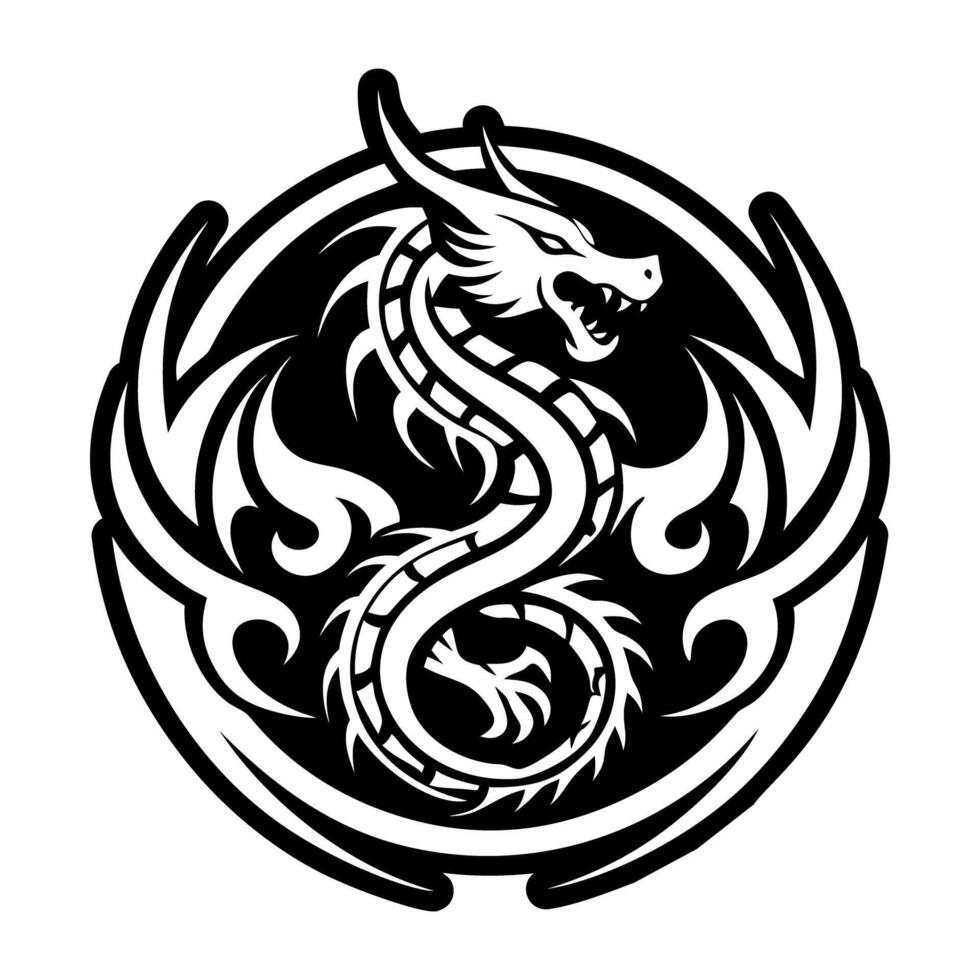 A black and white dragon logo on a white background vector