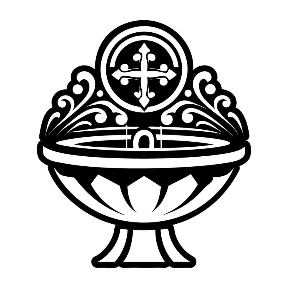 A black and white illustration of a cross and a bowl vector